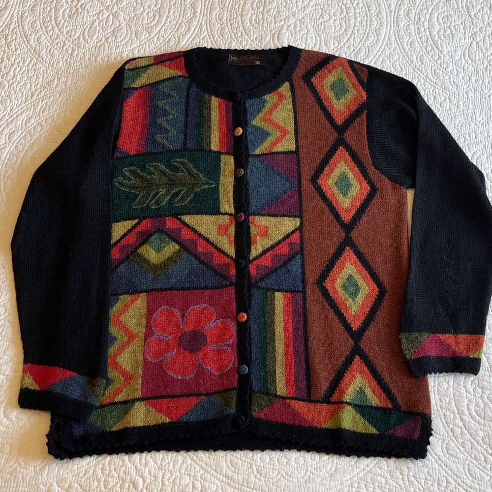 Baby Alpaca Cardigan Sweater Women XL/XXL Black‎ Multi Peru Artsy Boho Lagenlook